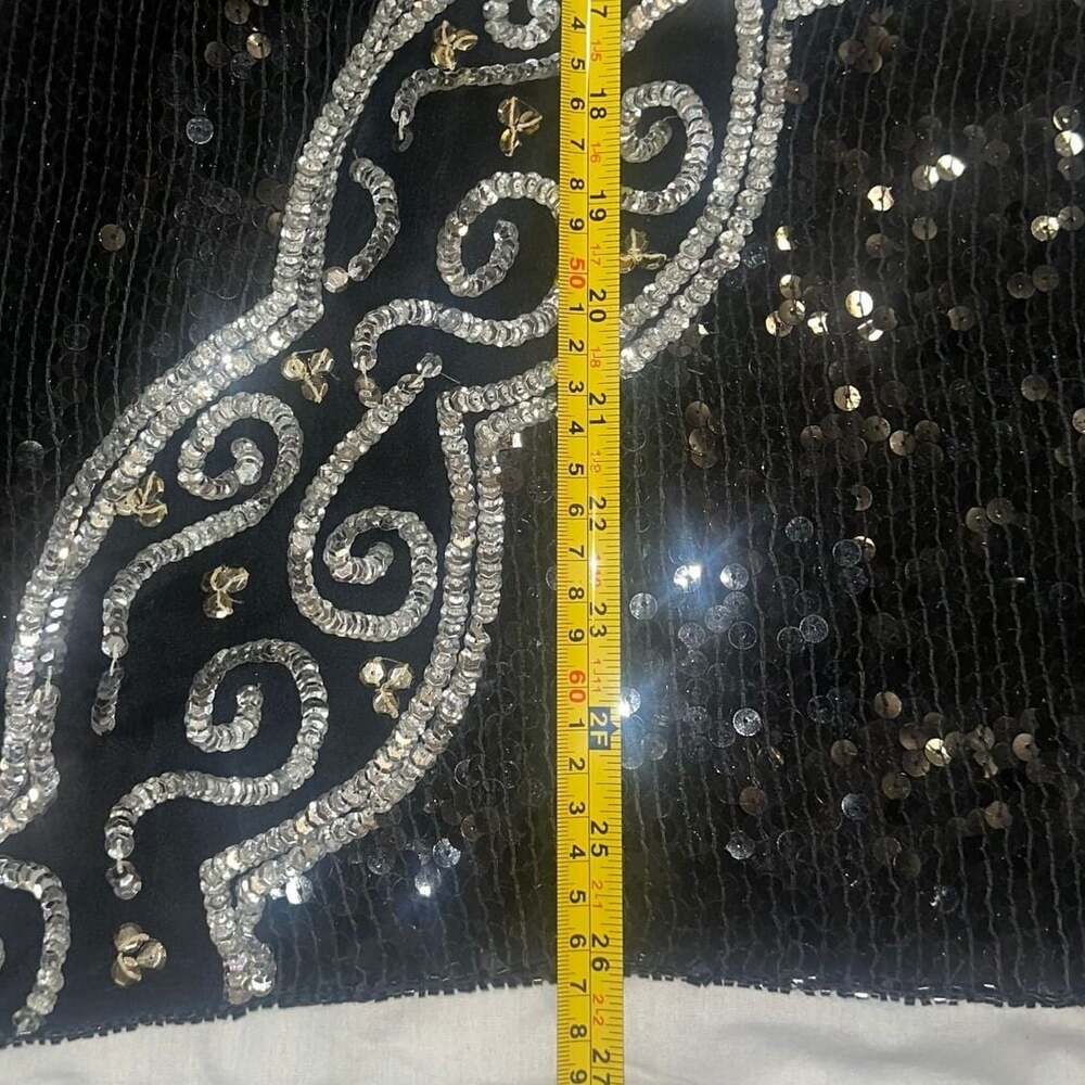 Vintage Joseph Le Bon 100% Silk Black Silver Beaded Cross Glam Tunic Blouse M - Picture 4 of 6